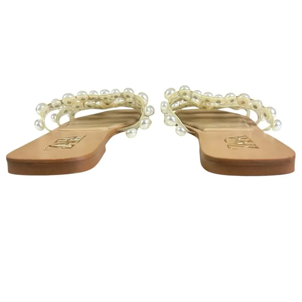 Zara Sandals Women Sz 40 (US 9) Clear Strap Pearl Embellished Coastal Slide Flat - Picture 5 of 9